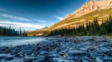 Download Wallpaper 1366x768 Rocky Mountains River Stones Athabasca
