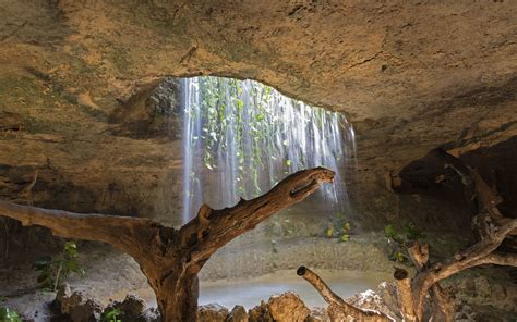 Cave Jungle Forest Branches Vines Water Waterfall Landscapes Pool