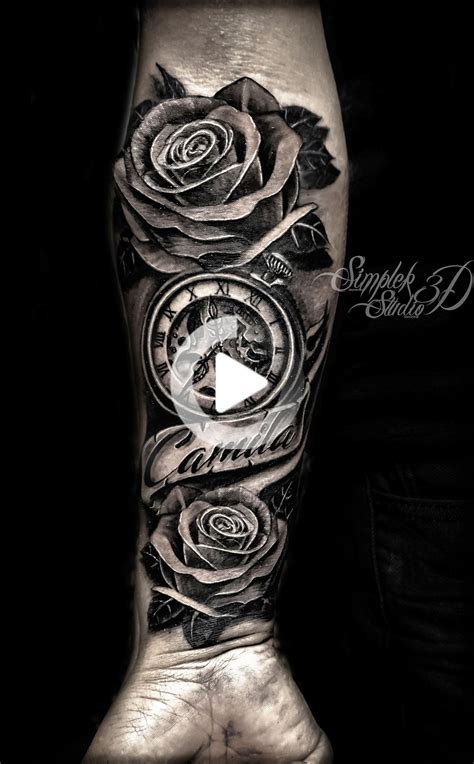 Roses And Clocks Banners Personalized Forearm Tattoo Tatuaje Reloj