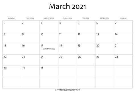 Mar 2021 Calendar Printable Calendar 2021