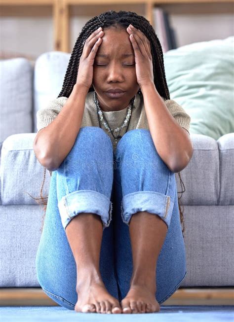 Black Woman Headache And Stress On Floor In Home For Mental Health