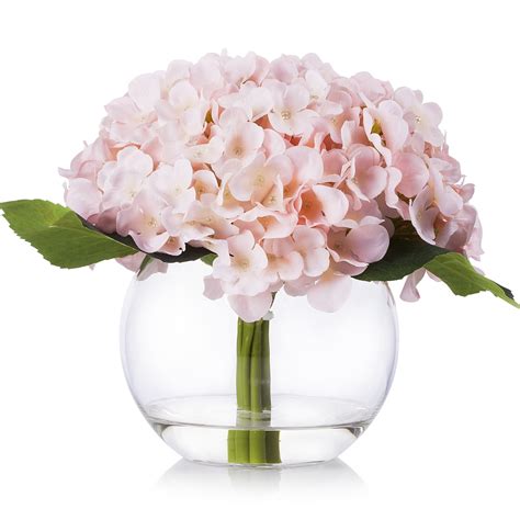 enova home artificial hydrangea silk flowers arrangement in clear glass vase with faux water