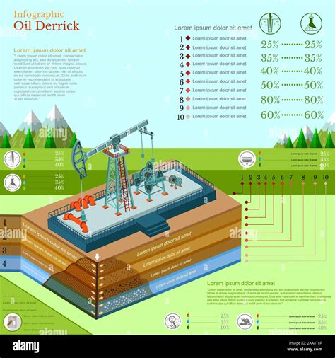 Oil Derrick Tower Or Gas Rig Infographic And Landscape Stock Vector