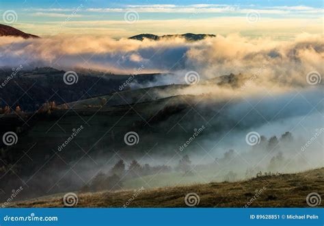 Mountain Rural Area In Foggy Autumn Morning Stock Image Image Of