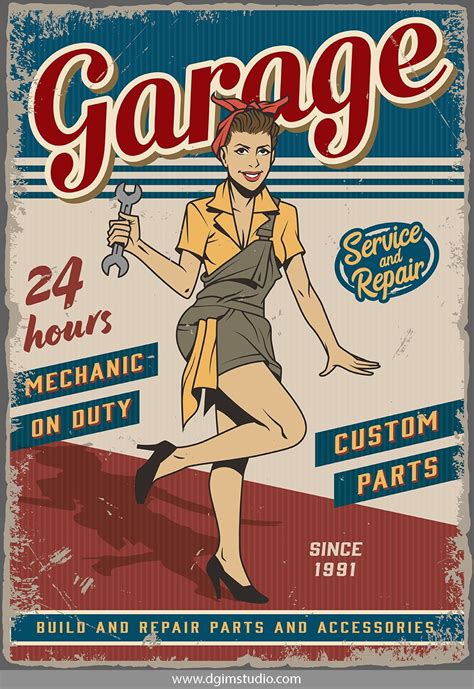 Old School Style Colorful Pinup Garage Poster With A Girl In A Work