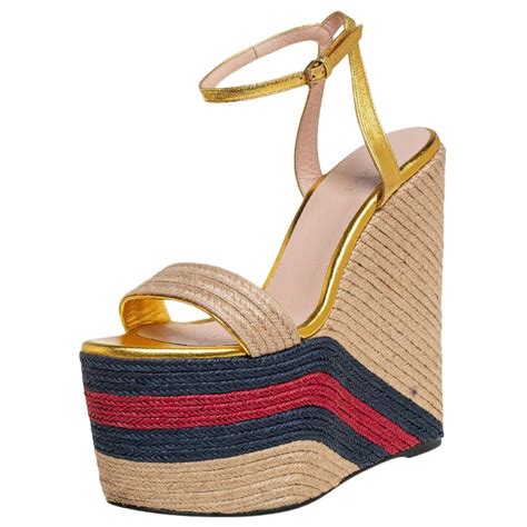 Gucci Metallic Gold Leather And Jute Web Strap Espadrille Wedge Sandals