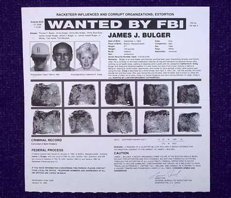 Rare Original 1999 James Whitey Bulger Fbi Wanted Poster Crime Boss 1945757713