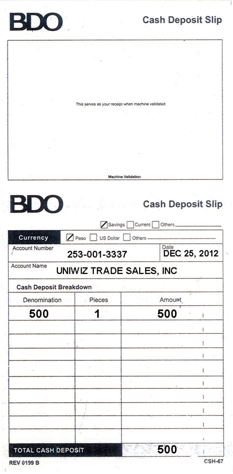 The bank clerk then processes the deposit slip and gives a receipt to the depositor after carefully checking if the slip and the funds match. Download Bdo Withdrawal Slip Lecmoluntdunn