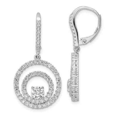 Sterling Silver Polished Rhodium Plated Cz Circle Dangles Leverback