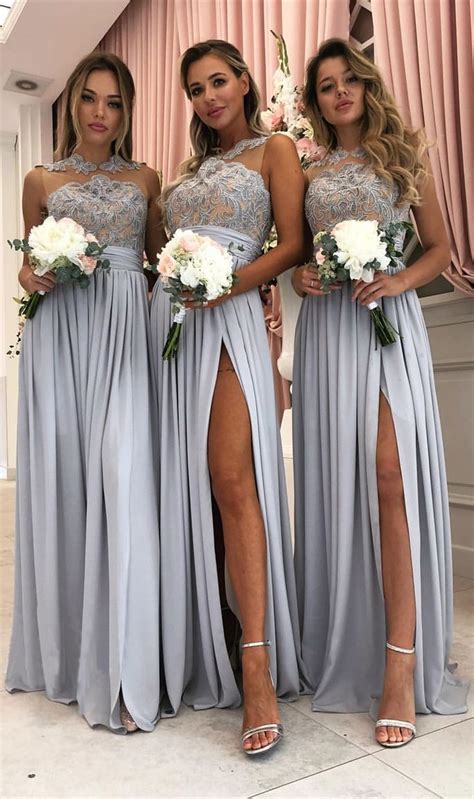 A Line Jewel Floor Length Dusty Blue Bridesmaid Dress With Appliques