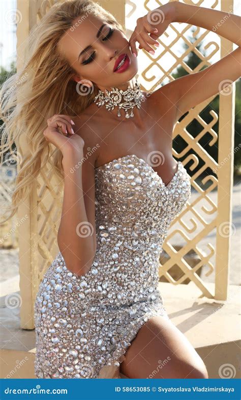 Beautiful Woman With Blond Hair In Luxurious Dress And Bijou Stock Image Image Of Sensual