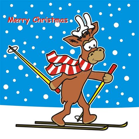 Reindeer And Ski Art Card Vector Humorous Illustration Merry