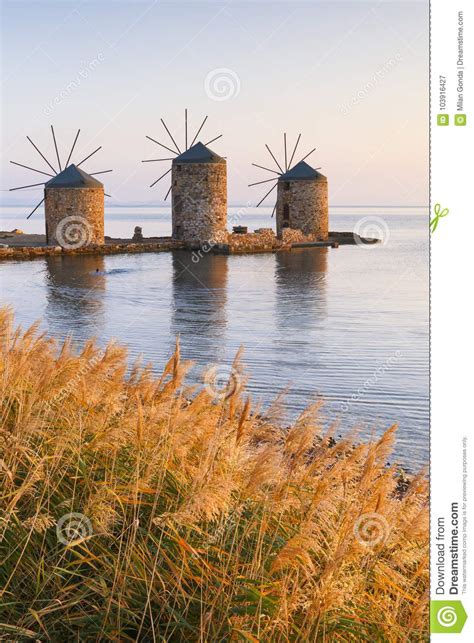 Windmills Of Chios Stock Image Image Of Windmill Reflection 103916427