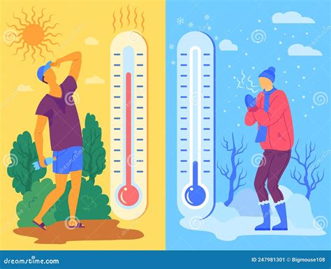 Cartoon Characters People And Hot Or Cold Weather Concept Vector Stock