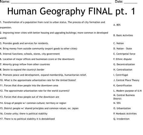 Human Geography Final Pt 1 Worksheet Wordmint
