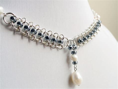 Chainmaille Necklace Pearl Necklace Medieval By Handmadeintoronto