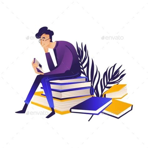 Young Man In Eyeglasses Sitting On Pile Of Books Male