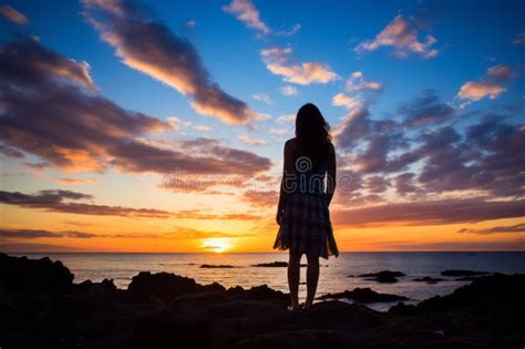 Silhouette Of A Woman Standing On Rocks At The Beach At Sunset Stock