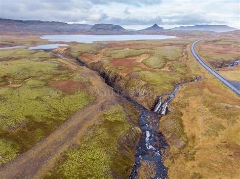 Aerial View Of Skogafoss Waterfall Iceland By Drone Stock Image