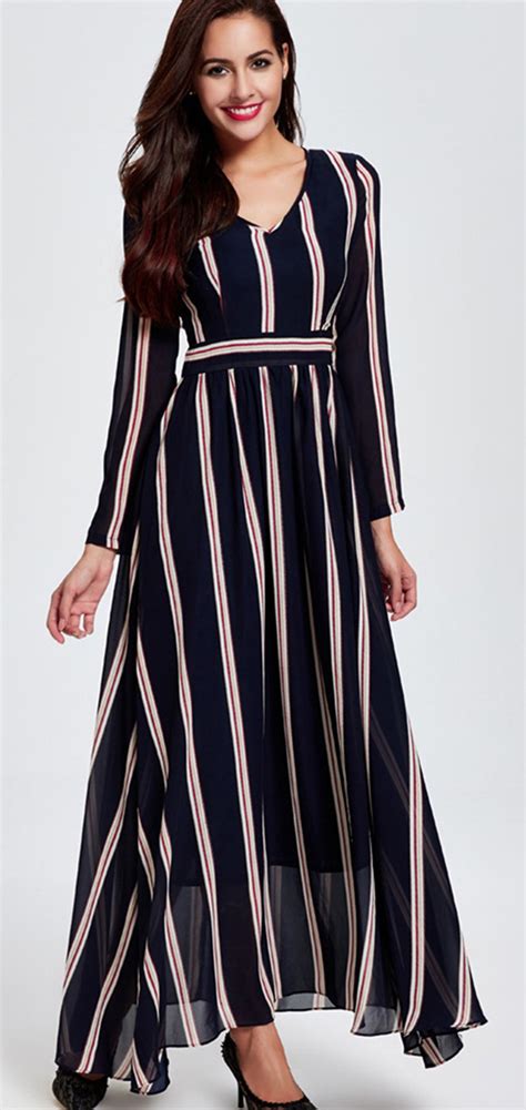 Vertical Striped V Neck Empire Waist Maxi Dress Maxi Dress Stripped