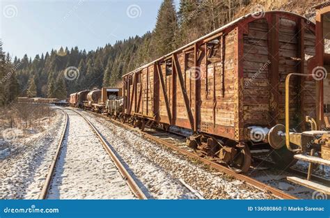 Train Rusty Snow Winter Hills Forest Wagon Stock Photo Image Of