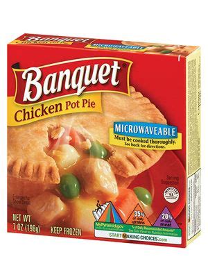 Banquet's chicken pot pie is a budget pot pie option that provides 7 ounces of the standard chunks of chicken, chicken gravy, peas, potatoes, and carrots for usually under a buck. Banquet Chicken Pot Pie Review