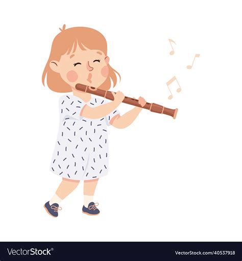 Funny Girl Playing Flute Musical Instrument Vector Image