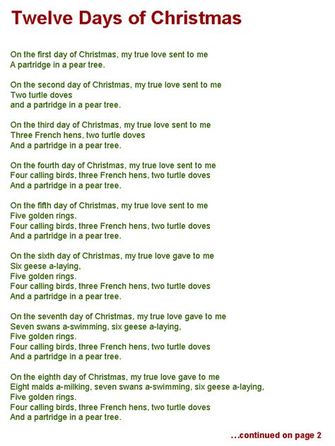 Printable Lyrics For 12 Days Of Christmas