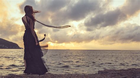 Wallpaper Sunlight Women Outdoors Model Sunset Sea Long Hair Sand Silhouette Clouds