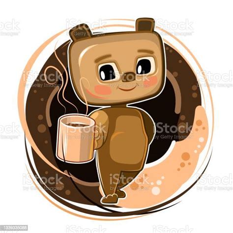 Little Teddy Bear Coffee Cartoon Flat Style Young Animal Cub With A Mug