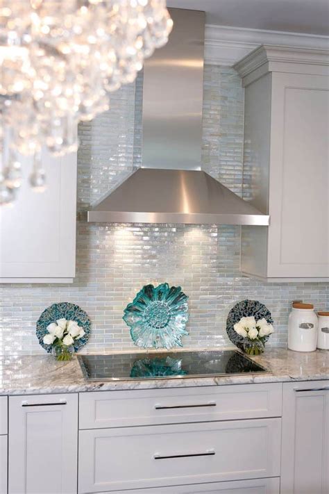 Glass conch tiles & sea blue green glass tiles. 15 Glass Backsplash Ideas To Spark Your Renovation Ideas
