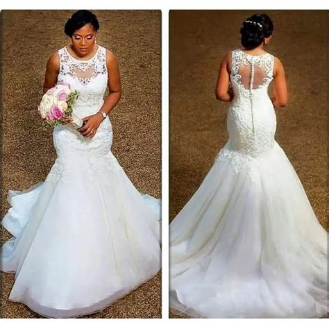 African Nigerian Elegant Mermaid Wedding Gowns Sheer Neck Appliques Lace Tulle Plus Size Bride