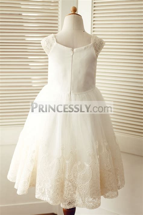 Cap Sleeves Champagne Lace Ivory Tulle Wedding Flower Girl Dress Avivaly