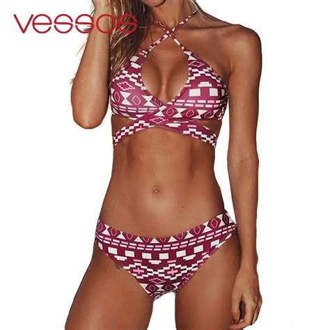 Vessos Push Up Bikini Set Cross Bandage Patchwork Women Swimwear Bandeau Swimsuit Beach Bathing