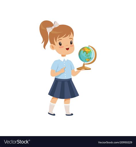 Girl Standing With Globe At Geography Lesson Vector Image