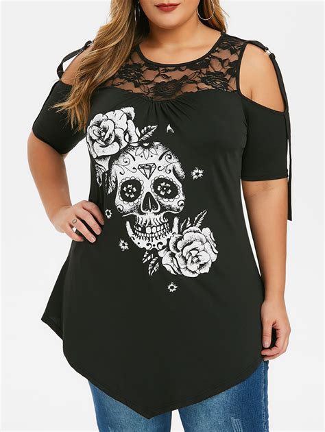 Plus Size Cold Shoulder Skull Floral Print Halloween T Shirt 4x