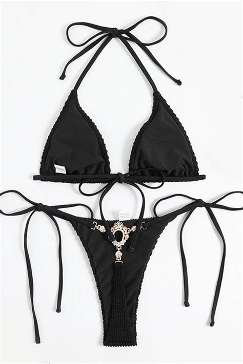Sexy Black Thong Bikini With Rhinestone Detail Amiclubwear