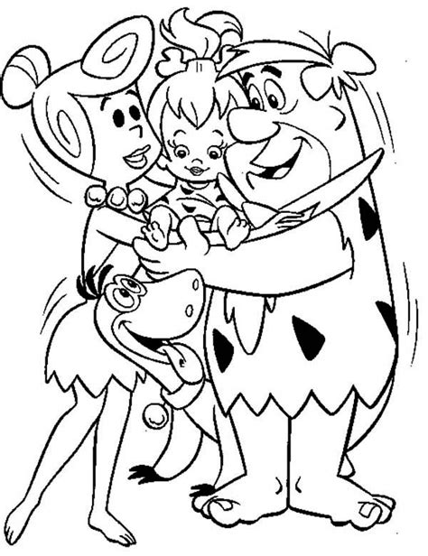 Fred Wilma And Dino Hug Pebbles In The Flintstones Coloring Page