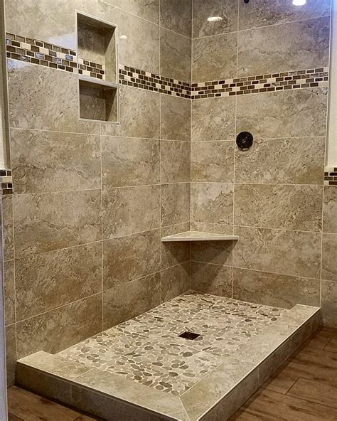 12x24 Tile Shower With River Rock Pan Trident Tile And Stone Design