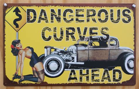 Dangerous Curves Ahead Tin Sign Pin Up Girl Hot Rat Rod Garage