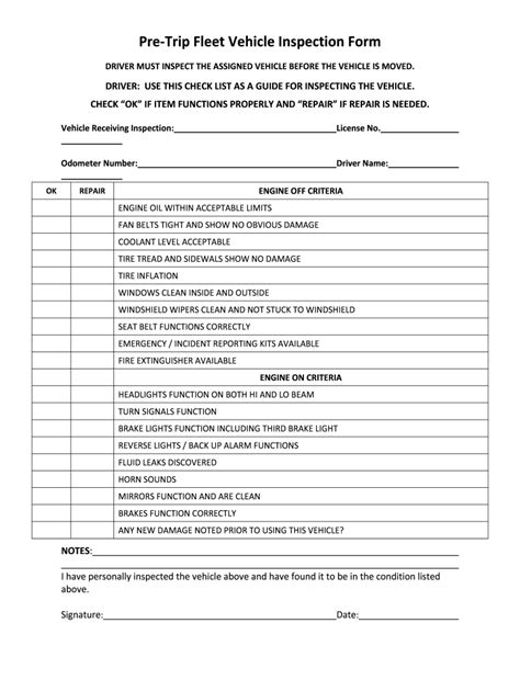 Free Printable Dot Pre Trip Inspection Form