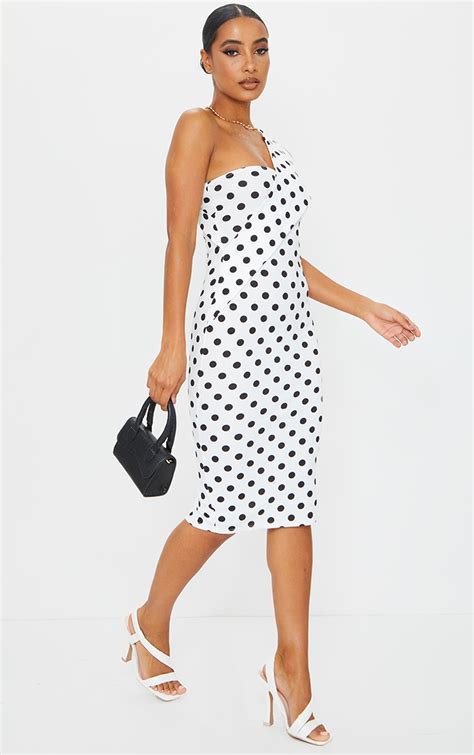 White Polka Dot Asymmetric Strap Midi Dress Prettylittlething Aus