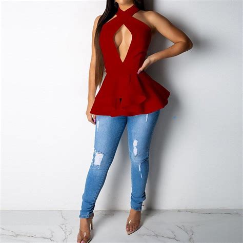 2019 Womens Sleeveless Summer Halter Blouse Casual Slim Hollow Out