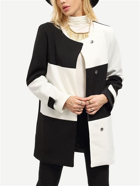 White Black Long Sleeve Color Block Coat Sheinsheinside