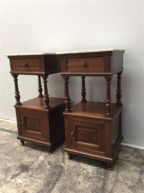 French Oak White Marble Top Bedside Cabinets Moonee Ponds Antiques