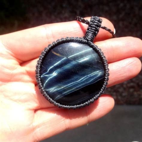 Blue Tiger Eye Round Pendant Necklace Success Good Fortune Stone