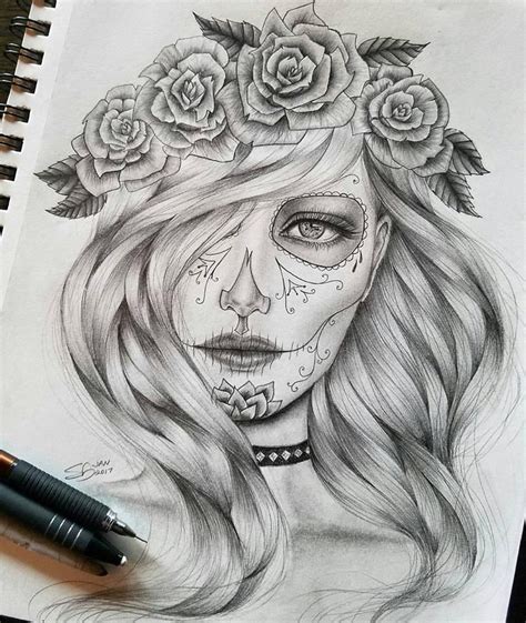 Freehand Dia De Los Muertos Drawing 11 X 14 In Graphite Pencil Day Of