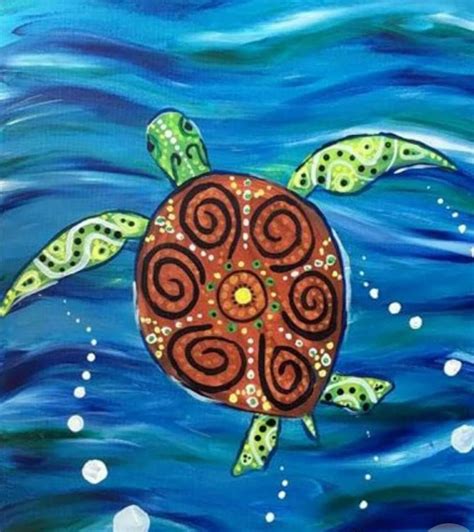 A Painting Of A Turtle Swimming In The Ocean With Swirls On It S Shell