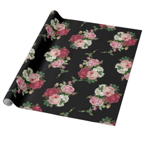 Elegant Vintage Rose Bouquets Black Background Wrapping Paper Zazzle