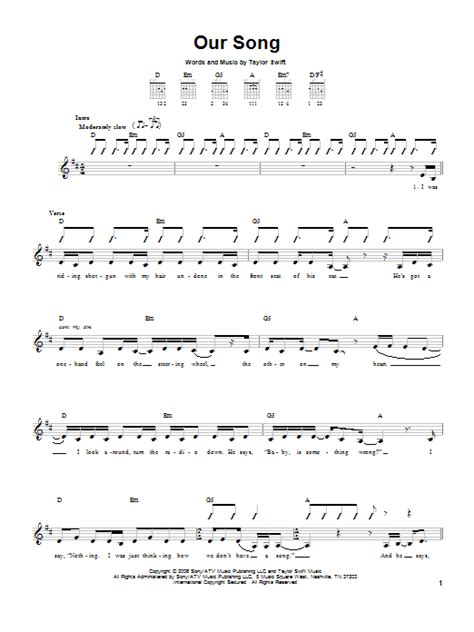 Our Song Sheet Music Taylor Swift Easy Guitar